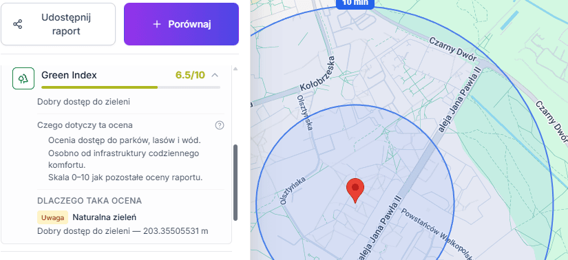 Карта Holfox: зелёные зоны и водоёмы вокруг выбранной точки, радиус доступа к природе